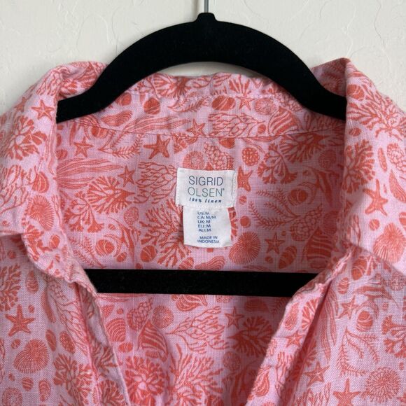 Sigrid Olsen 100% Linen Shirt Dress Women Med Resort Beach Button Up Seashells - Picture 4 of 11